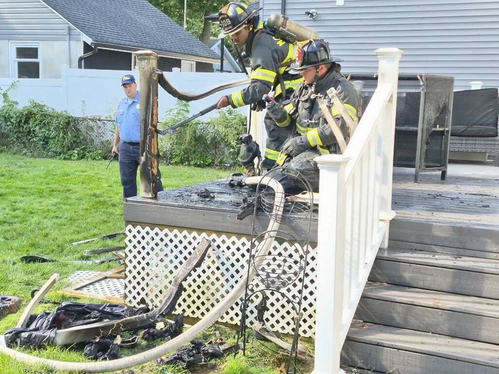 Montclair firefighters extinguished a deck fire on elmwood avenue before flames could spread into the residence. No injuries were reported.