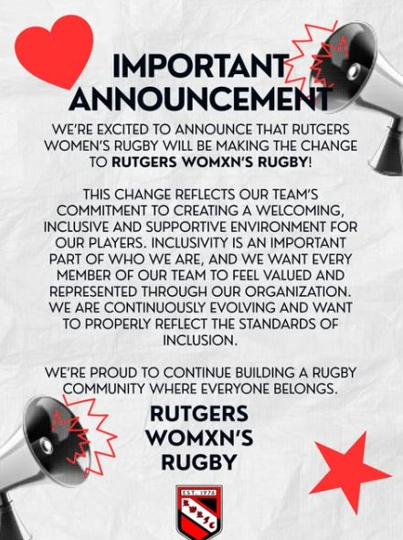 Rutgers women's rugby changes name, removes gender, now for wxmen