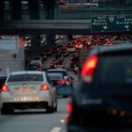 Morning commuters travel in rush hour traffic towards Los Angeles,