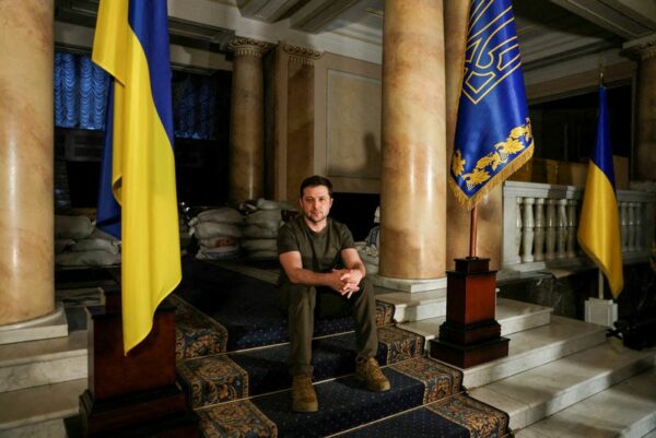 Sandbags and soldiers as ukraine leader gives interview under siege - photo licensed by shore news network.