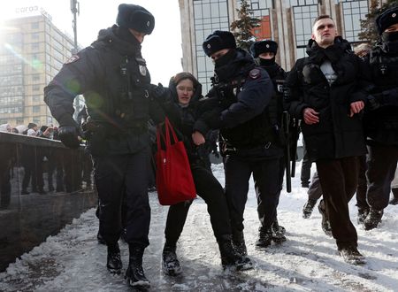 More than 400 detained in Russia at events in memory of Navalny, rights group says