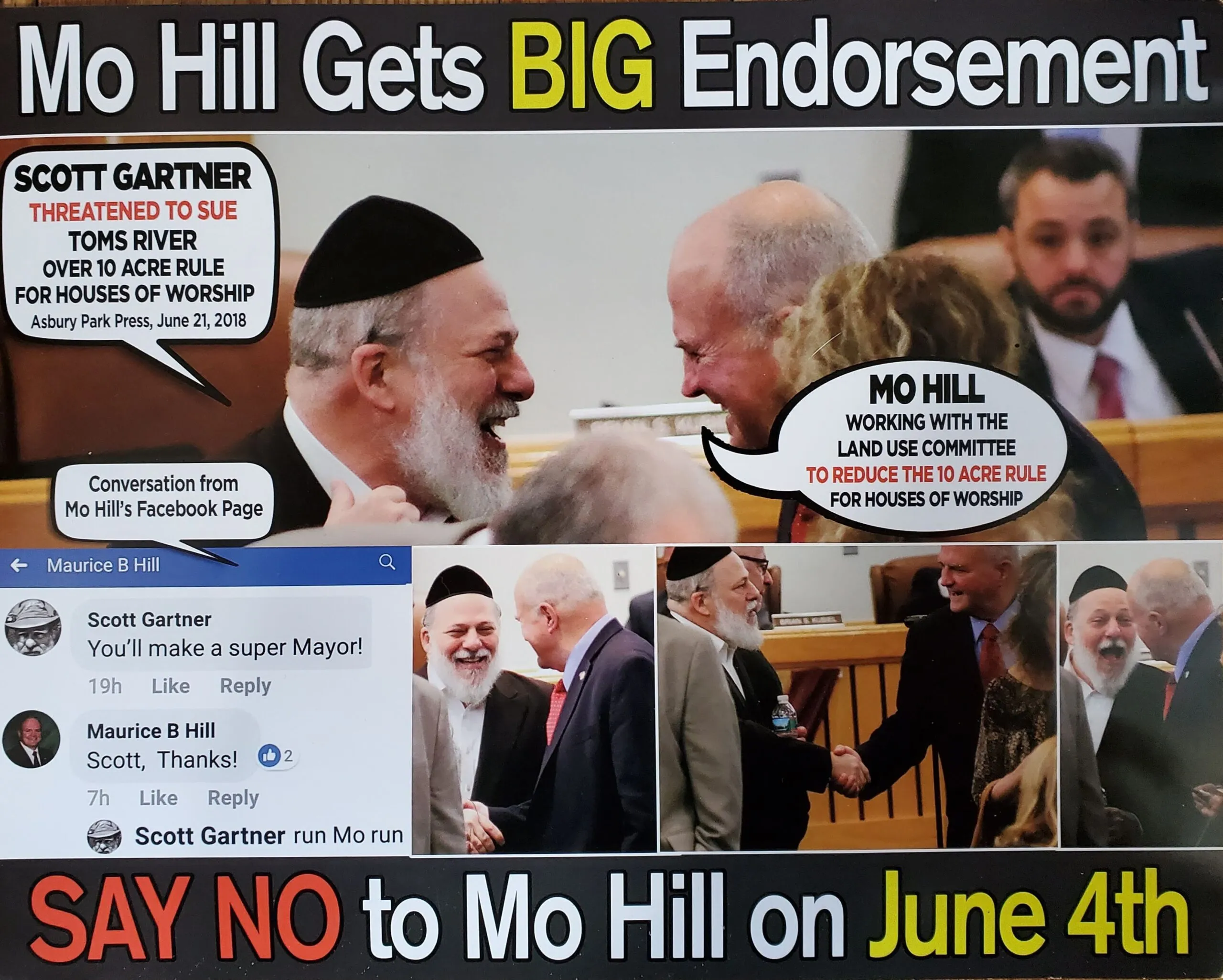 Homes to Houses of Worship: 10 Acre Requirement Cut to 2 Acres in Toms River A controversial political campaign mailer that sought to expose Mo Hill's connection to Scott Gartner. Gartner threatened to sue Toms River with a war chest of $250,000. Instead, he ended up donating thousands of dollars to Mo Hill's political campaign.