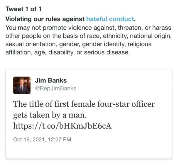 Twitter Flags Hurtful Tweet From Rep. Jim Banks Calling Rachel Levine A Man As ‘Hateful Conduct’ Twitter Flags Hurtful Tweet From Rep. Jim Banks Calling Rachel Levine A Man As ‘Hateful Conduct’