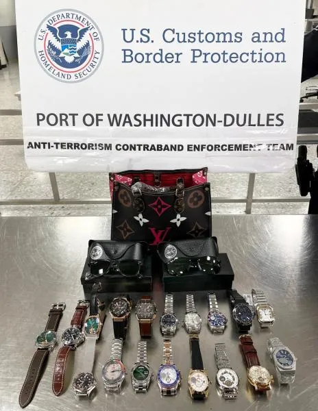 Dulles CBP Officers Find the Perfect Time to Stop Counterfeit Watches U.S. Customs and Border Protection officers seized more than $250,000 in counterfeit designer brand wrist watches, sun glasses and a handbag on March 29, 2022 from a traveler who arrived at Washington Dulles International Airport from Dubai, U.A.E.