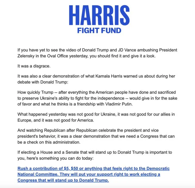 She's Back: Kamala Harris Fight Fund Asking for Money After Trump-Zelenskyy Rift She's Back: Kamala Harris Fight Fund Asking for Money After Trump-Zelenskyy Rift