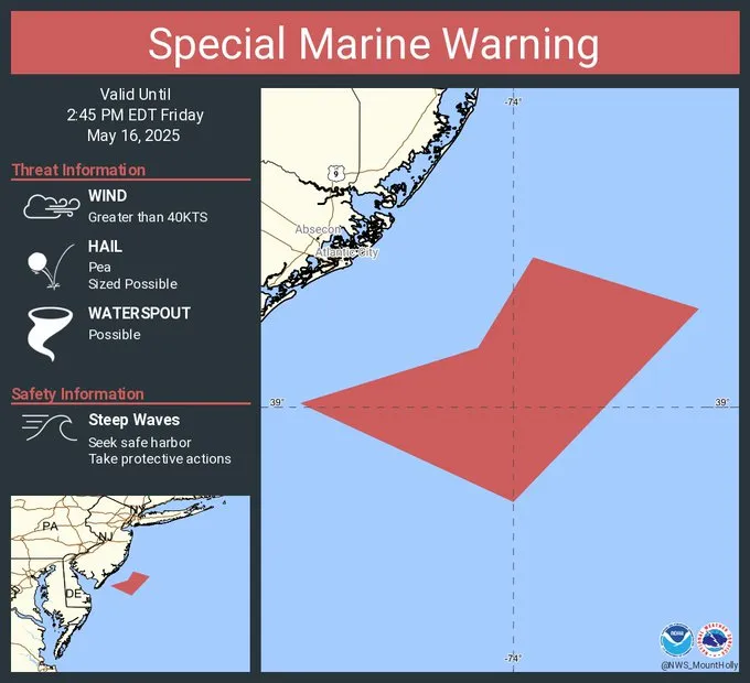Hail and Waterspout Warning Issued for Ocean County Region of Atlantic Ocean Hail and Waterspout Warning Issued for Ocean County Region of Atlantic Ocean