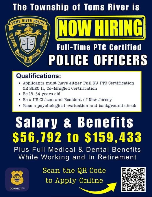 The Toms River Police Department is Hiring New Officers Under Mayor Rodrick's New Pro-Veteran and Experienced Officers Ordinance The Toms River Police Department is Hiring New Officers Under Mayor Rodrick's New Pro-Veteran and Experienced Officers Ordinance